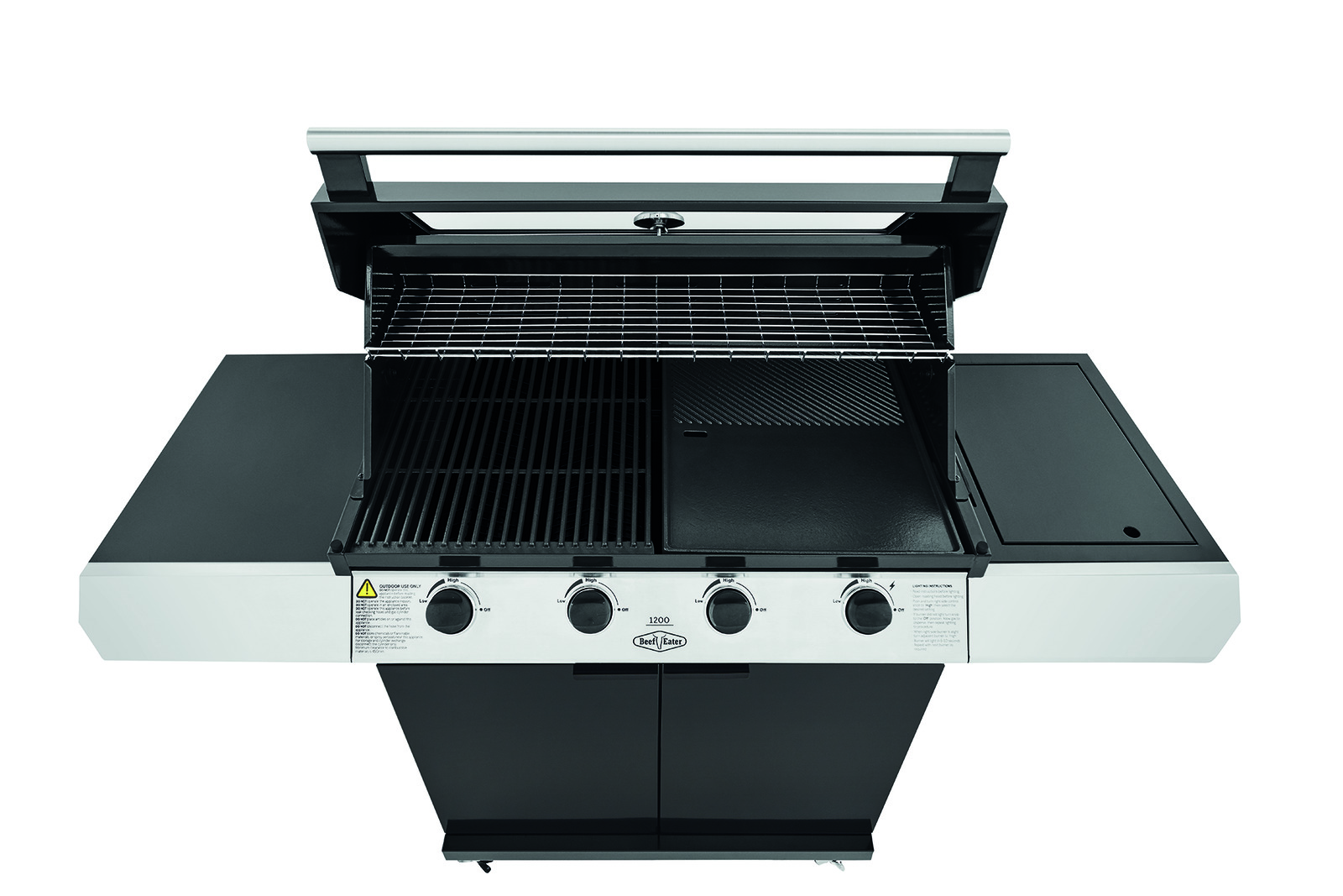 Beefeater 1200 Series Black Enamel 4 Burner BBQ & Trolley w Side Burner, Cast Iron Burners & Grills